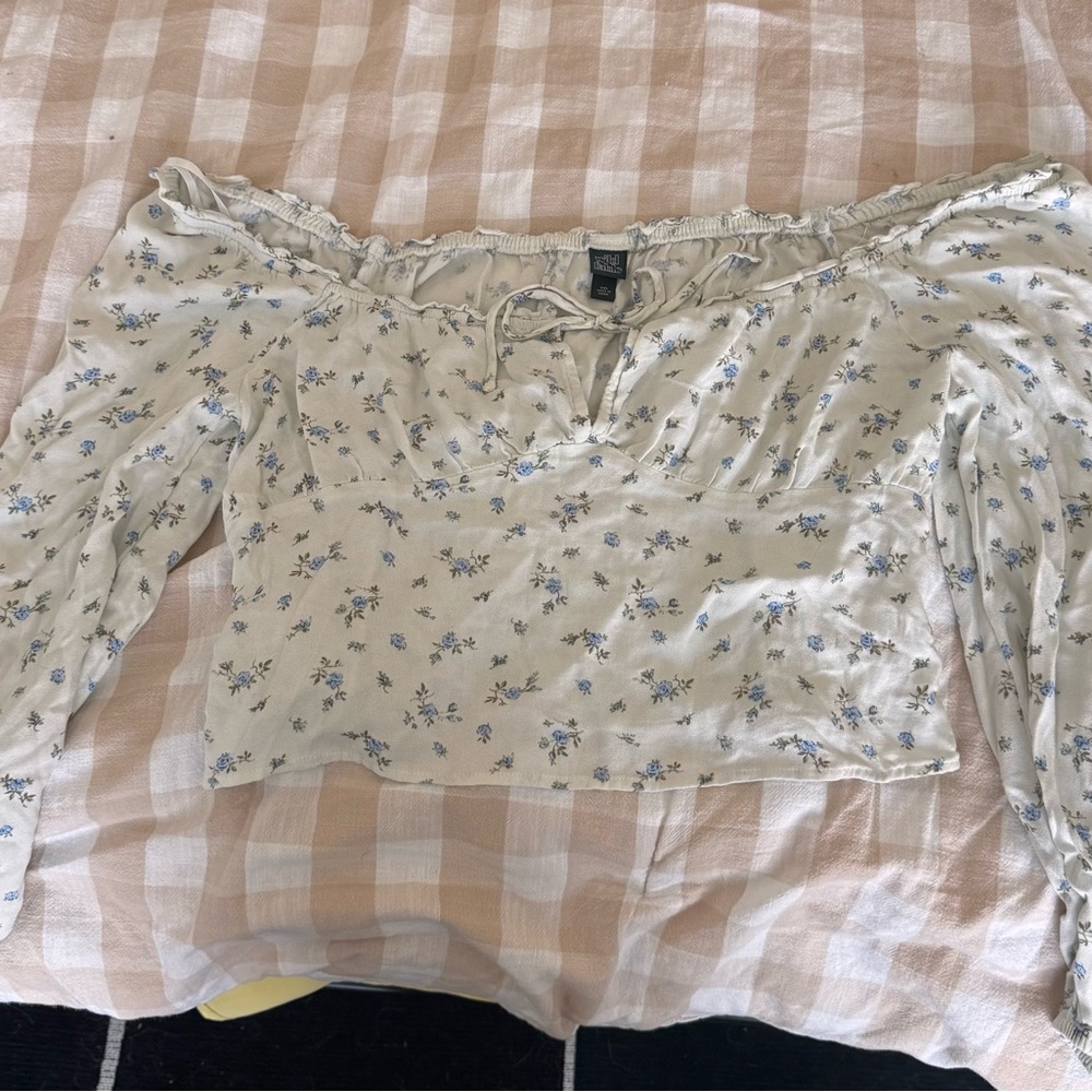 wild fable Cream Off-Shoulder Floral Crop Top with Blue Flowers